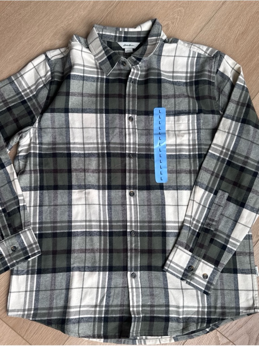 Eddie Bauer Olive Green & White Plaid Button-Down Shirt-NWT